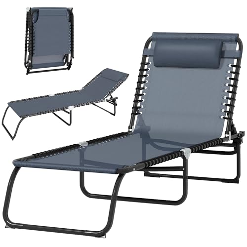 Outsunny Folding Chaise Lounge Chair, Patio Sun Tanning Chair, Outdoor Chaise Lounger with 4-Position Reclining Back, Breathable Mesh Seat for Beach, Poolside, Yard, Gray - color: Grey, size: 1 Pack
