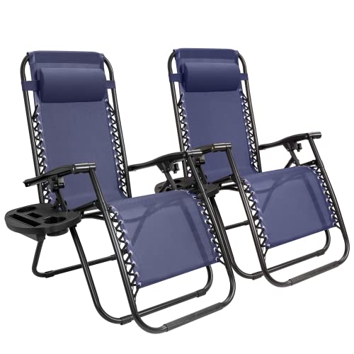 GUNJI Zero Gravity Chair Outdoor Lawn Folding Lounge Chairs Adjustable Reclining Patio Chairs Set of 2 with Cup Holder Lounge Gravity Chairs for Poolside, Backyard, Beach and Camping (Blue) - color: Blue
