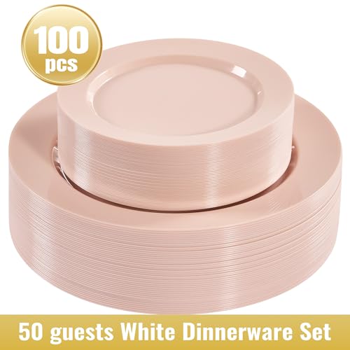 Fijinhom 100PCS Pink Disposable Plates for 50 Guests Including 50PCS 10" Dinner Plates & 50PCS 7" Dessert Plates, Pink - color: Pink, size: 50 Guests-100pcs