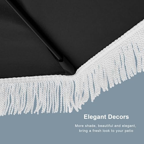 Tempera 9ft Auto Tilt Patio Umbrellas with Fringe, Outdoor Market Umbrellas with Fade Resistant Canopy, 8 Sturdy Rids, Luxurious Vintage Umbrellas for Lawn, Pool, Deck, Balcony - color: Black Tassels, size: 9 FT