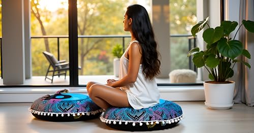 CRAFT KALA 22" Round Mandala Boho Pillow Cover Meditation Room Seating Poufs Cover for Living Room Yoga Room Home Bedroom Balcony Garden Party Decoration Cotton Floor Cushion Cover 22", Multi Yin Yang - color: Multi Yin Yang, size: 22"