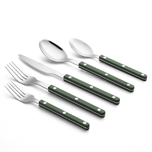 ANNOVA Silverware Set, Retro/Rivet Colorful Stainless Steel Tableware Kitchen Flatware Set Utensils, Includes Dinner Knives, Forks, Spoons, Salad Forks & Dessert Spoons (Dark Green, 10 Pieces) - color: Dark Green