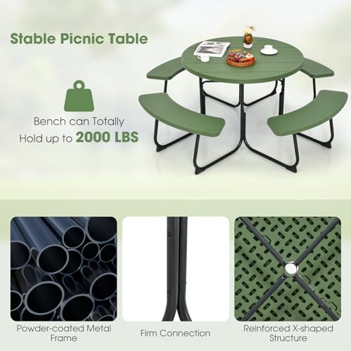 Giantex Picnic Table Set for Up to 8 Persons, Round Outdoor Table and Bench Set with Umbrella Hole, HDPE Top & Metal Frame, 2000LBS Capacity, Patio Table Bench for Deck Backyard Garden (Green) - color: Green, size: Round-43"x43"x30"