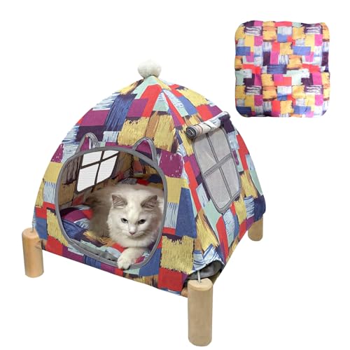 Pozico Portable Cat Tent Bed – Lightweight Foldable Cat House with Soft Washable Cushion, Warm Enclosed Cave for Kittens, Indoor Cats & Small Dogs - color: Colorful Blocks Tent
