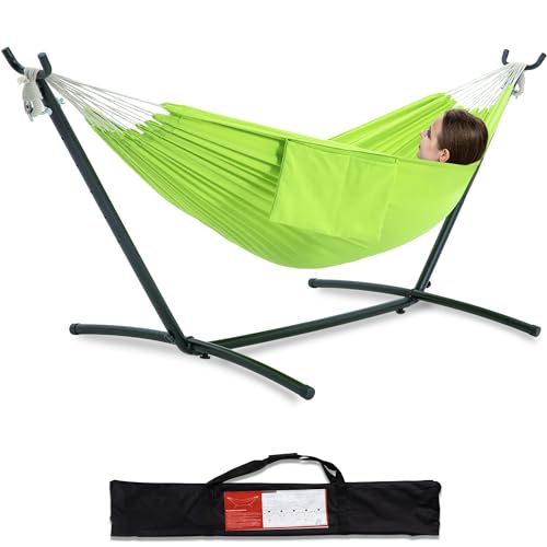 PNAEUT Double Hammocks with Stand for Outside, Portable Space Saving Heavy-Duty Steel Stand for Indoor Outdoor Patio with Carrying Bag, 450 lbs Capacity (Green) - color: Green