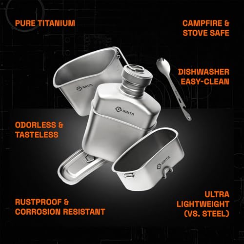 GRITR Titanium Canteen Mess Kit | Compact Portable Camping Open Fire Cookware Set for Backpacking, Hiking, Fishing | Ultralight Durable Outdoor Camp Cooking Utensils - Storage Bag Included