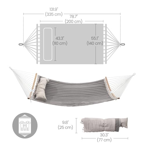 SONGMICS Hammock, Quilted Hammock with Curved Bamboo Spreaders, Pillow, 78.7 x 55.1 Inches, Portable Padded Hammock Holds up to 495 lb, Gray and Beige UGDC34CG - color: Gray + Beige