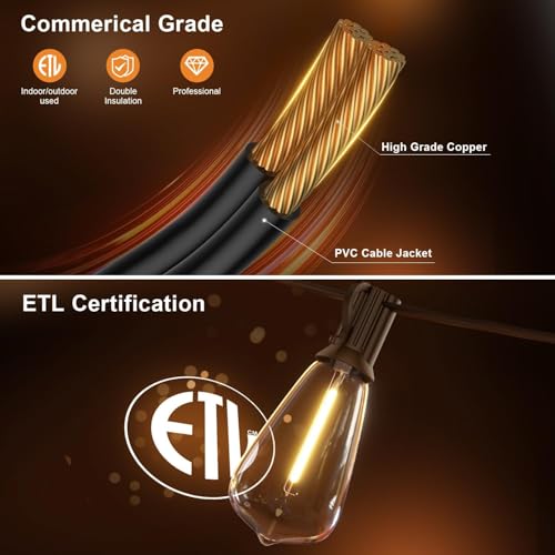 50FT Outdoor String Lights, Waterproof Patio Lights with Shatterproof ST38 Vintage Edison Bulbs, Connectable Outside Hanging Lights for Backyard, Porch, Deck, Balcony, Garden, 2700K Dimmable - size: 50FT-1