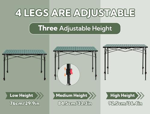 Join Nature Portable Outdoor Adjustable Height Camping Table, Large for 2-6 Person, Foldable Roll-up Aluminum Camp Table with Carry Bag for Picnic, Camp, Sturdy, Stable, Loads 220 Lbs (Green) - color: Green