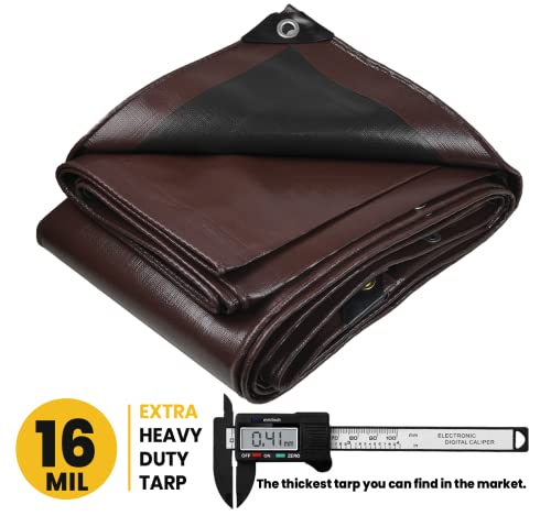 Extra Heavy Duty 16 Mil Tarp Cover, Waterproof, UV Resistant, Rip and Tear Proof, Poly Tarpaulin with Reinforced Edges for Roof, Camping, Patio, Pool, Boat. (Brown/Black 6′ X 8′) - color: Brown/Black-16 Mil, size: 6′ X 8′