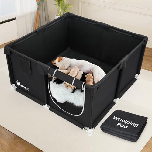 Whelping Box for Dogs - 50"L*50"W*25"H Dog Whelping Play Pen for Puppies,Pet Whelping Box Overall 600D Oxford Fabric with Absorbent Whelping Pad,Dog Birthing Box for Large Medium Small Dogs - color: black-50*50*25inch