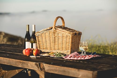 PICNIC TIME Piccadilly Picnic Basket for 2, Romantic Vintage English-Style Wooden Basket, Complete Deluxe Service for Two with Fully-lined Interior and Double-lid Design, (Red & White Plaid Pattern) - color: Red