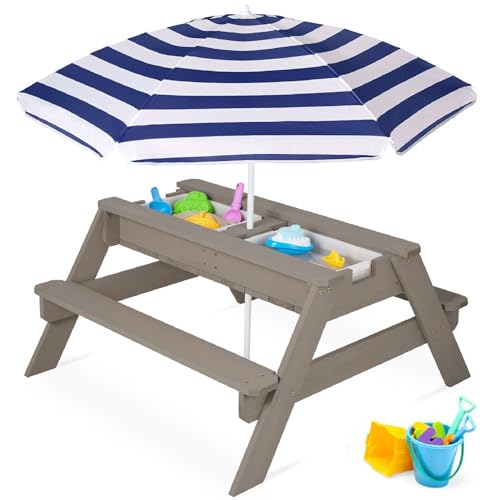 Best Choice Products Kids Picnic Table with Umbrella, 3-in-1 Sand & Water Table, Outdoor Convertible Picnic Table for Toddlers, Seats 4, Removable Top, 2 Buckets - Gray/Navy - color: Gray/Navy