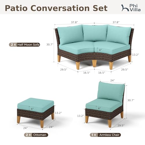 PHI VILLA 5-Piece Wicker Patio Furniture Set, Outdoor Sectional Sofa Conversation Set with Aqua Blue Cushions, Half-Moon Curved Modular Couch for Garden, Deck, Backyard - color: Aqua Blue, size: 7 Seats - Curved
