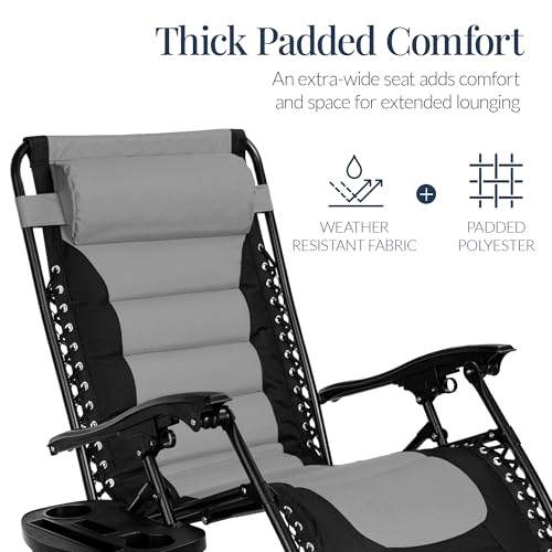 Best Choice Products Oversized Padded Zero Gravity Chair, Folding Outdoor Patio Recliner, XL Anti Gravity Lounger for Backyard w/Headrest, Cup Holder, Side Tray, Polyester Mesh - Gray