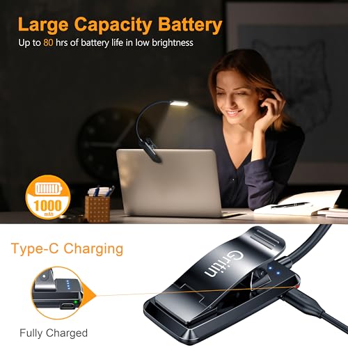 Gritin 9 LED Rechargeable Book Light for Reading in Bed -Eye Caring 3 Color Temperatures,Stepless Dimming Brightness,80 Hrs Runtime Small Lightweight Clip On Book Reading Light for Studying - color: Jet Black