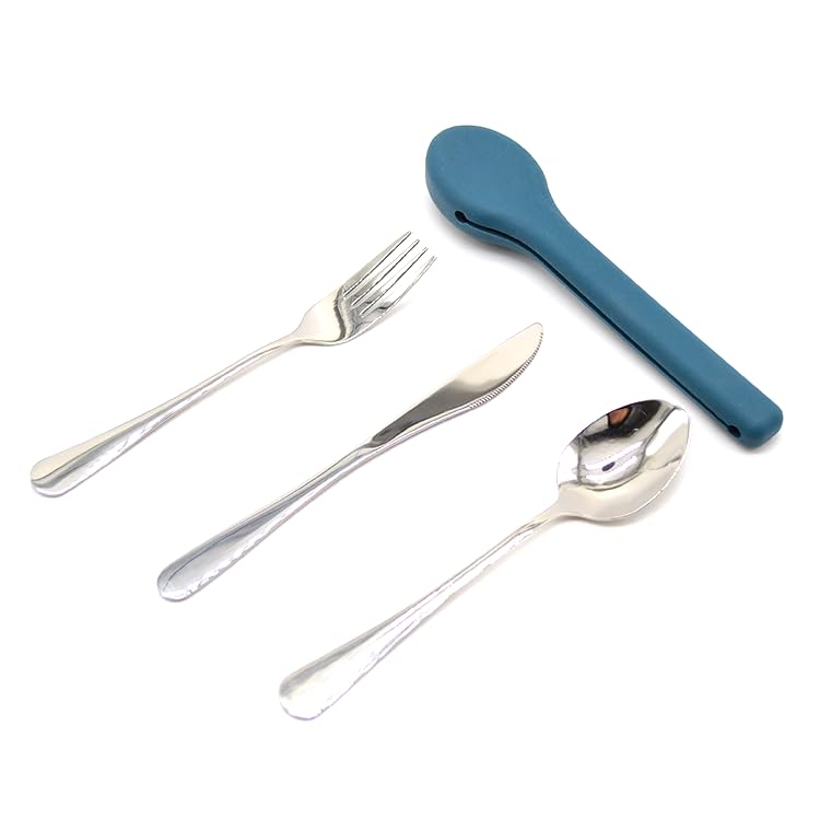 Portable Silverware Utensils Set with Silicon Case (Aqua Blue), 3 pcs Stainless Steel Cutlery Set (Fork Spoon Knife) For Camping School Picnic Office Travel - color: Aqua Blue