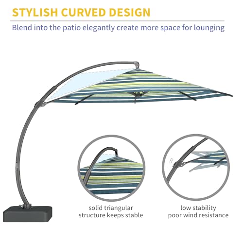 Kingdura 12ft Offset Cantilever Patio Umbrella with Base Included, Large Round Aluminum Outdoor Umbrella, 360° Rotation & Infinite Tilt, Heavy Duty Frame for Deck Pool Backyard, Green Stripe - color: Green Stripe, size: 12 FT
