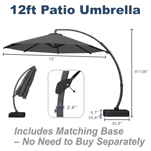 12FT Cantilever Umbrella with Base Large Curvy Outdoor Aluminum Offset Umbrella w/ 360° Rotation, UV Resistant Canopy for Patio, Garden, Backyard, Grey - color: Gray, size: 12FT