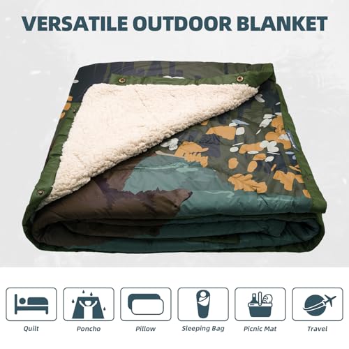 Outdoor Camping Blanket with Sherpa Lining, Extra Warm Thick Camp Blankets and Puffy Ultralight Soft Poncho DWR Camping Quilt for Cold Weather, Adventure, Sleeping, Backpacking 78"x 56" - color: Haze Blue, size: 78 x 56 inches