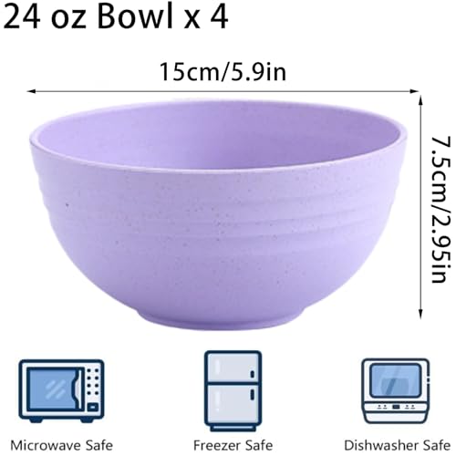 Unbreakable Wheat Straw Cereal Bowls Set of 4, 24 OZ Microwave and Dishwasher Safe Lightweight Soup and Salad Bowl Sets, Reusable Dessert Bowls for Rice, Pasta, Snack, Fruit, BPA Free (Purple) - color: Purple