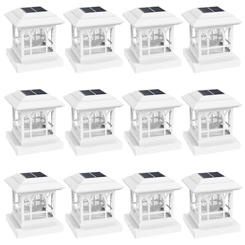 Fence Post Solar Lights, Crackle Glass Solar Post Cap Lights, 20 Lumens, Warm White & RGB Automatic Cycling 2 Modes for 3.6x3.6 4x4 4.5x4.5 5x5 Vinyl Wooden Posts Decoration, White (12 Pack) - color: White, size: 12 Pack