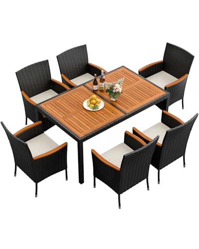 Flamaker 7 Piece Patio Dining Set Outdoor Acacia Wood Table and Chairs with Soft Cushions Wicker Patio Furniture for Deck, Backyard, Garden - color: Black, size: 7 Piece
