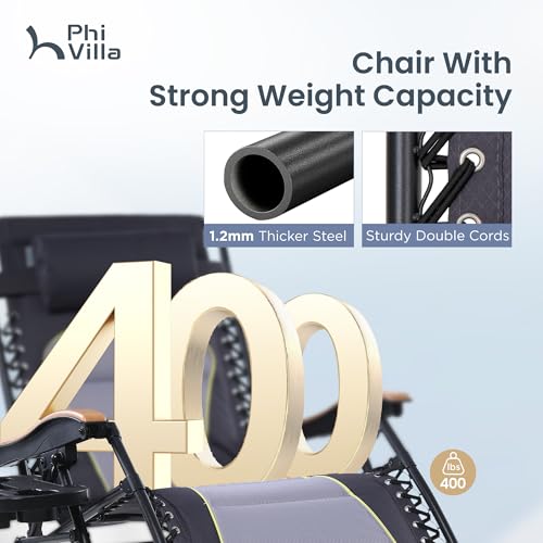 PHI VILLA XXL Oversized Padded Zero Gravity Chair, Foldable Patio Recliner, 30" Wide Seat Anti Gravity Lounger with Cup Holder, Support 400 LBS (Gray Accent) - color: Gray Accents, style: 1 Pcs