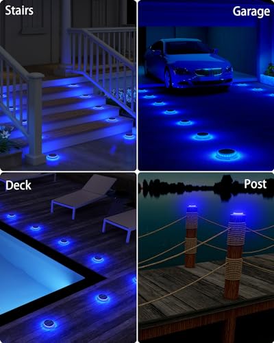DetarZinLED 6 Packs Solar Driveway Lights, Blue Dock Deck Lights Solar Powered Outdoor IP68 Waterproof, Stick on Light for Step, Stair, Driveway, Pool, Pathway, Walkway, Patio - size: 6pcs Blue Round