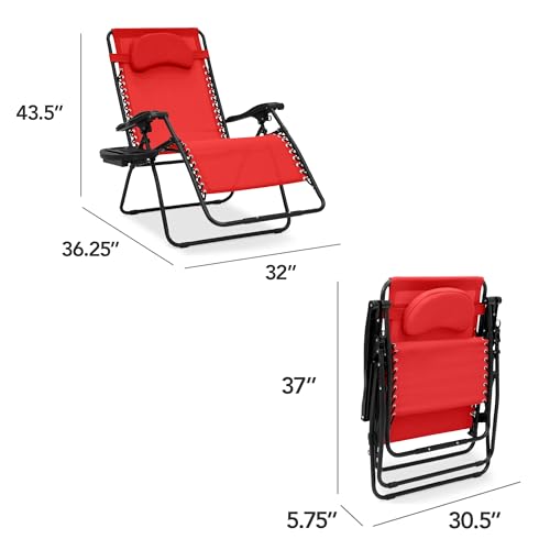 Best Choice Products Oversized Zero Gravity Chair, Folding Outdoor Patio Lounge Recliner w/Cup Holder Accessory Tray, Pillow - Crimson Red - color: Crimson Red