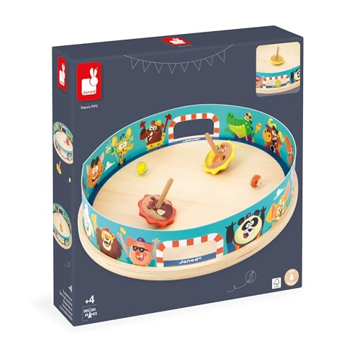 Janod Applepop Spinning Top Arena Carnival Game - 5 Piece Set - 2 Players - Ages 4-8 - J03355 - style: Spinning Top Arena