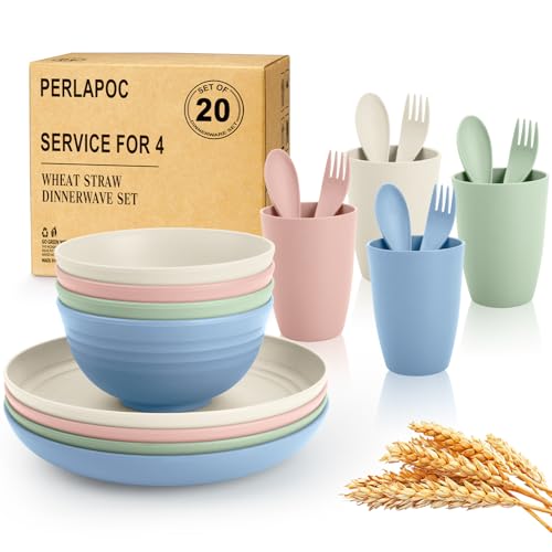 Wheat Straw Dinnerware Sets 20 PCS Service for 4, Unbreakable Kitchen Plates and Bowls Sets, Microwave Dishwasher Safe Dish Set, Outdoor Camping, RV, Apartment Essentials - Colorful - color: Colorful, size: 20 PCS
