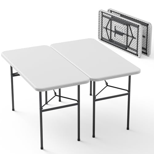 4ft Folding Table 2 Pack, Heavy Duty Plastic Card Table with Foldable Steel Legs, Metal Frame Support up to 400 lb, Portable for Indoor, Outdoor, Picnic, Camping, Dining, Party, White - color: White, size: 4FT-2pack