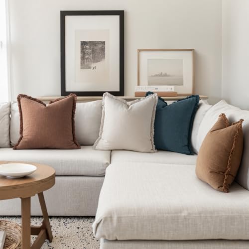 MIULEE Decorative Couch Pillow Covers Neutral Linen Fringe Throw Pillows Set of 4 Modern Rustic Cushions Boho Farmhouse Pillowcases for Bed Sofa Living Room Spring Decor 20x20 Inch Beige/Brown/Blue - color: Blue Brown, size: 20" x 20" (Pack of 4)