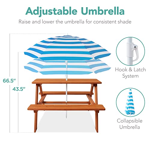 Best Choice Products Wooden Kids Picnic Table with Umbrella, Outdoor Activity Table Set with Built-in Benches, 220 lb Capacity per Bench - Golden Brown/Aqua - color: Golden Brown/Aqua
