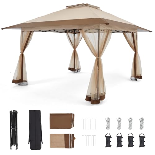 Bezseller 13x13 Pop Up Gazebo with Mosquito Netting – Easy 1-Person Setup, Water-Resistant Backyard Canopy for Family Patio & Garden Use,Khaki - color: Khaki, size: 13"x13"