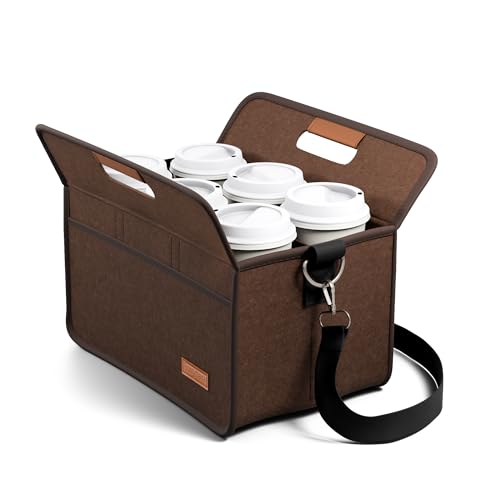 Fluxynara 6-Cup Reusable Felt Drink Carrier with Handle and Adjustable Shoulder Strap, Drink Holder for Car, Multi-Cup Drink Carrier Bag for Delivery, Travel, Picnics (Coffee Brown) - color: Coffee Brown, size: 6 Cups