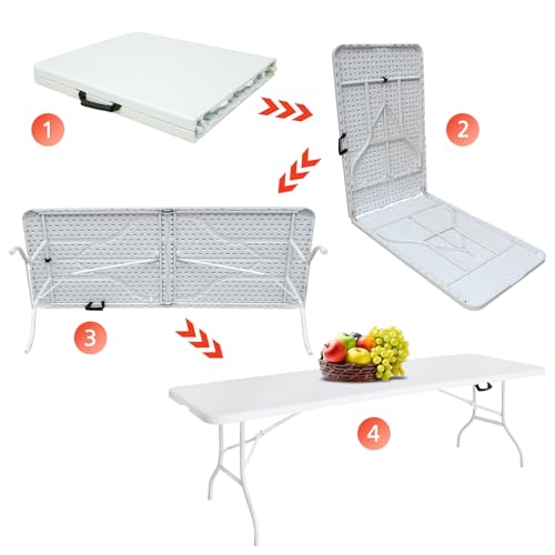 Portable 8Ft Folding Table, Heavy Duty Plastic Fold-in-Half Utility Foldable Dining Table, Multi-Purpose Plastic Folding Table with Carrying Handle for Camping and Party Indoor/Outdoor (White) - color: White, size: 8Ft