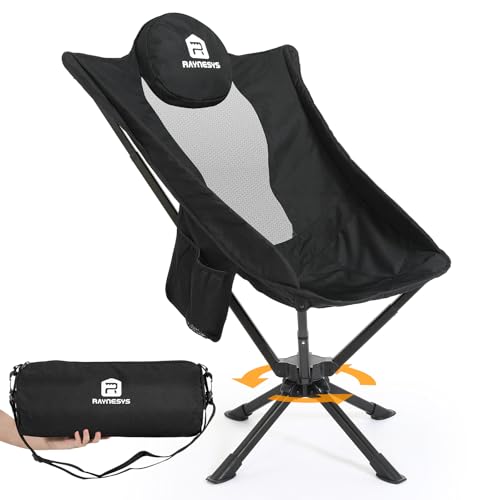 Raynesys 360° Rotation Camping Chair, Compact Hiking Chair with Cup Holder & Storage Pocket, Portable Folding Chairs for Outdoor Activities, High Back Comfort for Long Sitting, 1 Pack Black