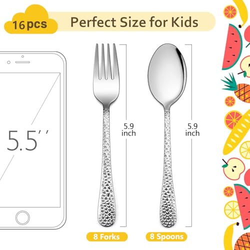 LIANYU 16-Piece Kids Silverware Set, Includes 8 Kid Spoons, 8 Kid Forks, Stainless Steel Toddler Utensils Children Flatware Set, Child Preschooler Cutlery Set, Dishwasher Safe