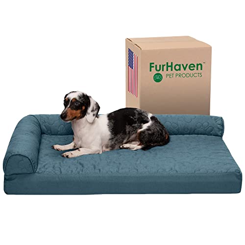 Furhaven Cooling Gel Dog Bed for Medium/Small Dogs w/ Removable Bolsters & Washable Cover, For Dogs Up to 35 lbs - Pinsonic Quilted Paw L Shaped Chaise - Bluestone, Medium - color: (Quilted Paw) Bluestone, size: Medium