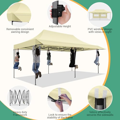 COBIZI 10x20 Pop Up Canopy Tent with Awning & Sidewalls, Heavy Duty Commercial 10X20 Canopy Tents Instant Waterproof, UPF 50+ Sun Shade for Outdoor, Parties, Markets (Khaki) - color: Khaki, size: 10x20FT with 4 Sidewalls & 1 Awning Cloth
