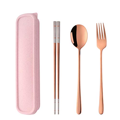 3 Piece Portable Flatware Set, Chopsticks, Fork and Spoon with Travel Case, Rose Gold - color: Rose Gold
