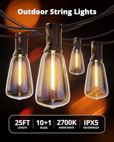 VIPAR Outdoor String Lights 25FT LED Patio Lights IPX5 Waterproof with 10+1 ST38 Shatterproof Edison Bulbs, 2700K Connectable Outside Hanging Light for Porch, Garden, Backyard, Deck, Balcony, Decor - size: 25FT