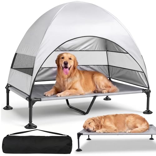 Elevated Outdoor Dog Bed with Canopy, Raised Dog Cot with Stable Adjustable Feet, Dog Camping Bed with Larger Shade, Lifted Dog Tent Bed with Canopy for Outside - color: Grey, size: X-Large