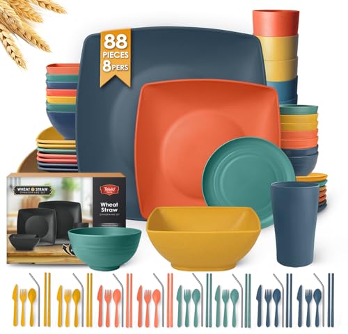 Teivio 88-Piece Kitchen Plastic Wheat Straw Square Dinnerware Sets for 8, Dinner/Salad/Tidbit Plates, Fruit/Snack Bowls, Cups, Flatware, Dishwasher Safe, Unbreakable Outdoor RV Dishes, Fall Multicolor - color: Fall Multicolor