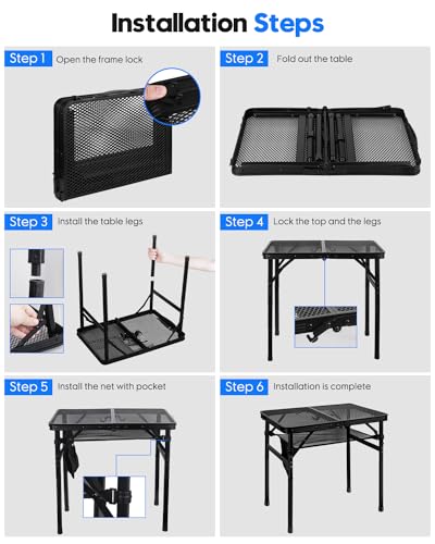 MSDADA Folding Grill Table, Height Adjustable Aluminum Table with Mesh Desktop and Mesh Bag, Portable Grill Table for Outdoor Camping, Picnic, Patio, Dining, BBQ, Party, Black, 23.6×15.7 inch