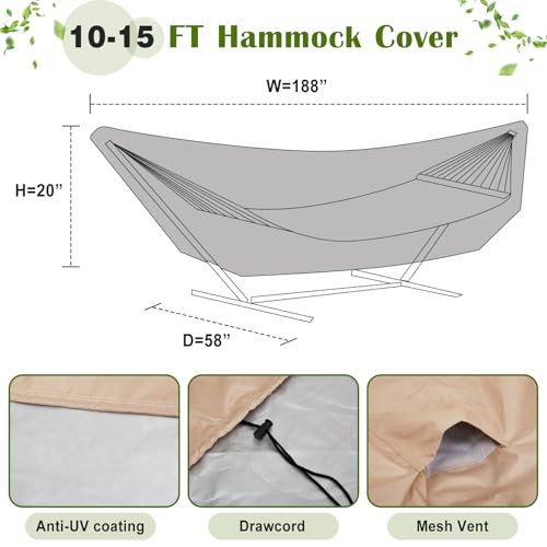 Tranqun Hammock Cover 188" W x 58" D x 20" H, Fits 14-16 ft Hammock Stand, Heavy Duty 420d Oxford Waterproof UV Resistant Outdoor Patio Cover with Adjustable Buckle Straps, Double Stitched Seam(Khaki) - color: Khaki