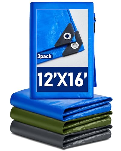 SmoothNovelty 3 Pcs Large Waterproof Tarp 12 x 16 ft Heavy Duty 5.5 Mil Thick Poly Tarpaulin with Grommets Multipurpose Protective Cover for Summer Home Boats Cars Camping RV Pool Tent - color: Green,blue,silver, size: 12 x 16 ft