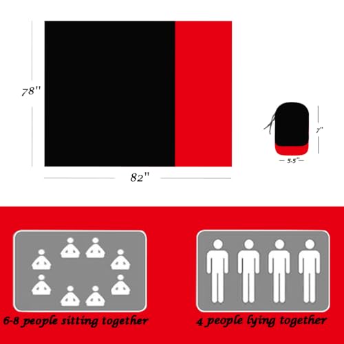 Outdoor Pocket Blanket Extra Large Beach Blanket Sandproof 82″x 78″for 4-6 Adults Compact Foldable Quick Drying Lightweight Picnic Blankets Waterproof with 4 Stakes & Bag (Black+Red) - color: Black+red